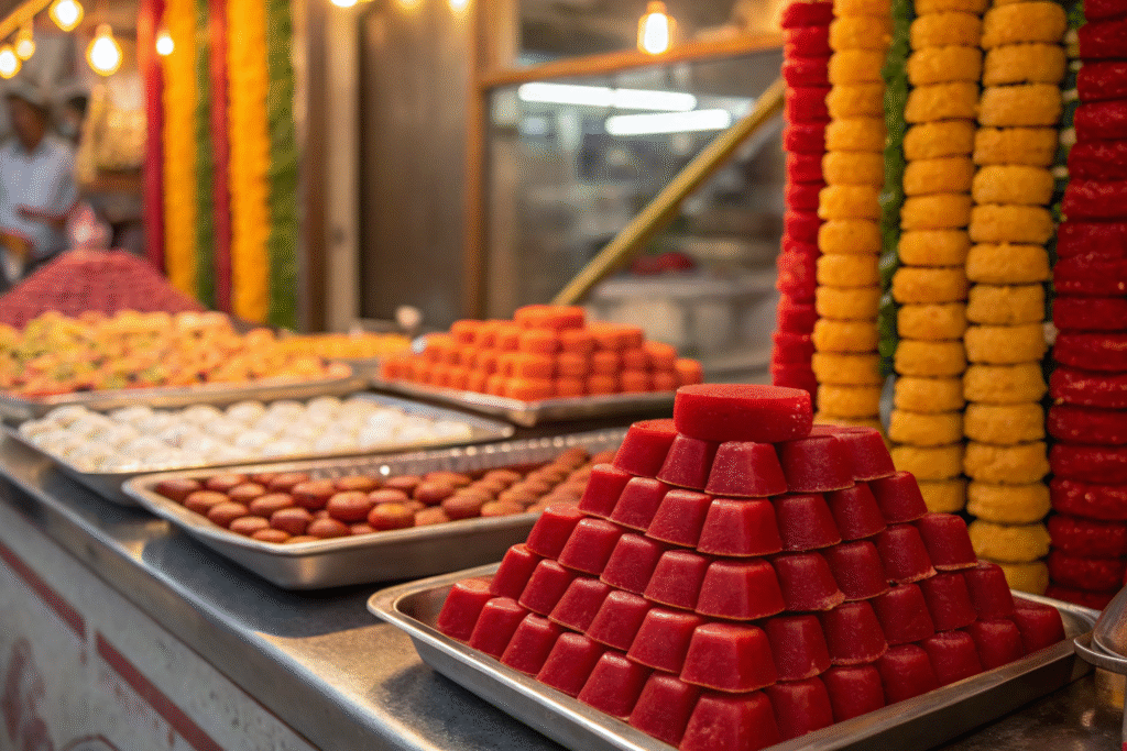 Red mithai festive display