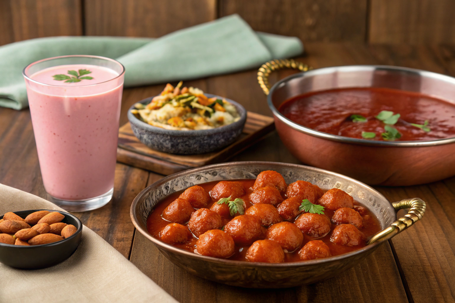 An array of Indian foods—rasgulla syrup, masala peanuts, rose milk—each tinted naturally, 3 : 2