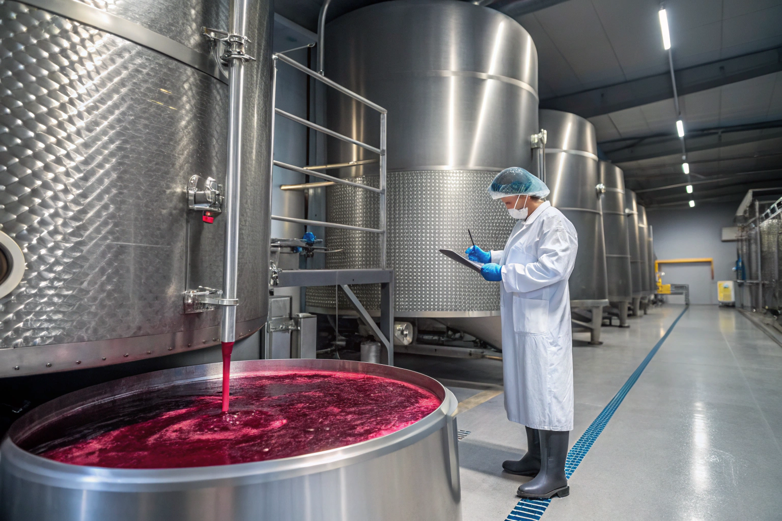 A stainless‑steel fermentation tank with ruby liquid swirling, lab tech sampling, 3 : 2