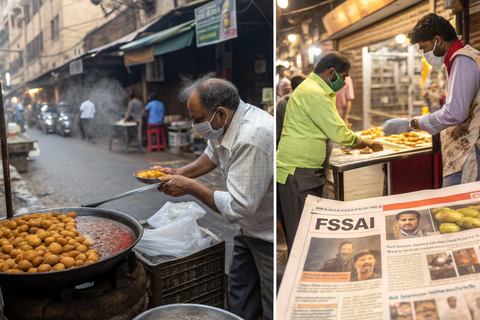 A newspaper‑style collage: street food vendors, seized dye packets, FSSAI notices, 3 : 2