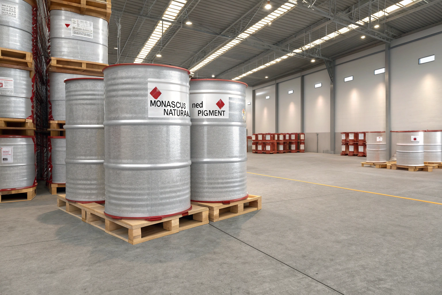 Insulated drums of Monascus Red stacked in a Chennai warehouse, digital temperature logger visible