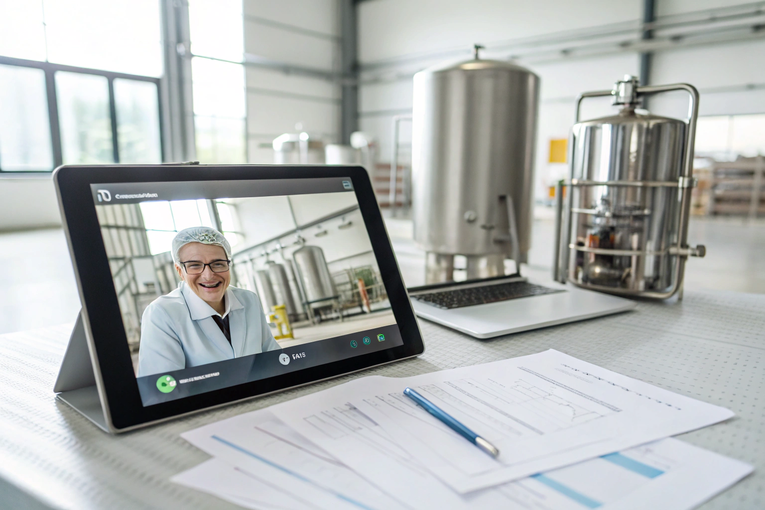 Formulator reviewing a live video feed of Santa Color’s fermenters on a tablet, smiling with relief