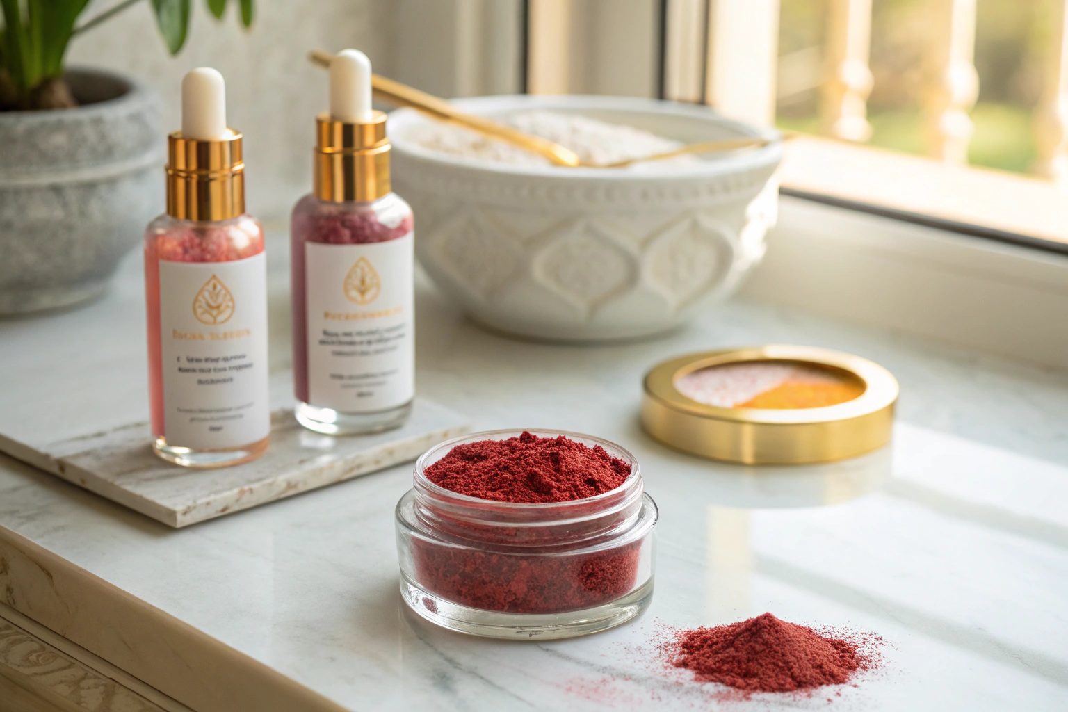 Rows of lipstick bullets: left side synthetic dyes, right side Monascus-colored, under warm studio lighting